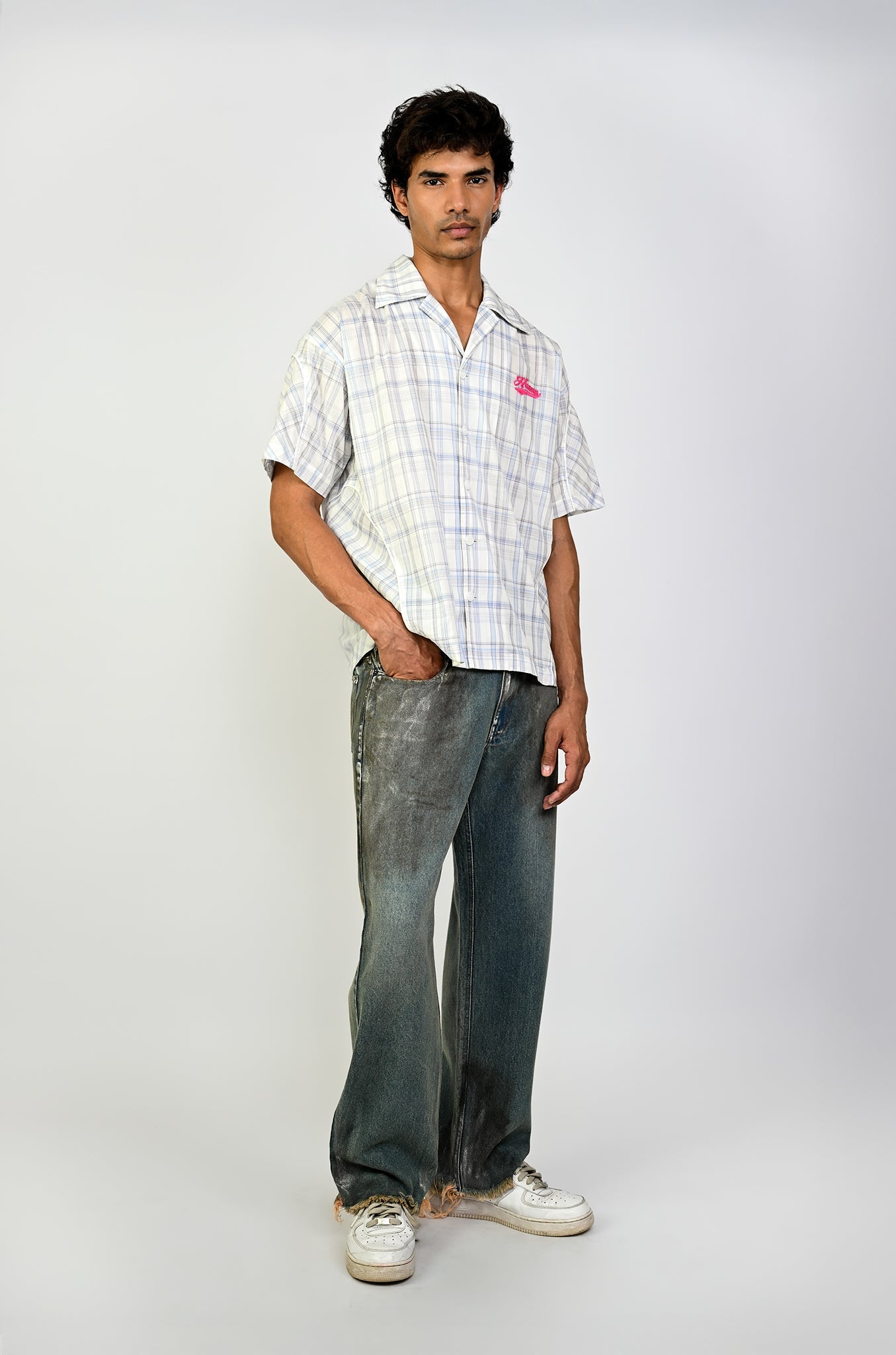 Contrast panelled safari shirt in checkered pattern