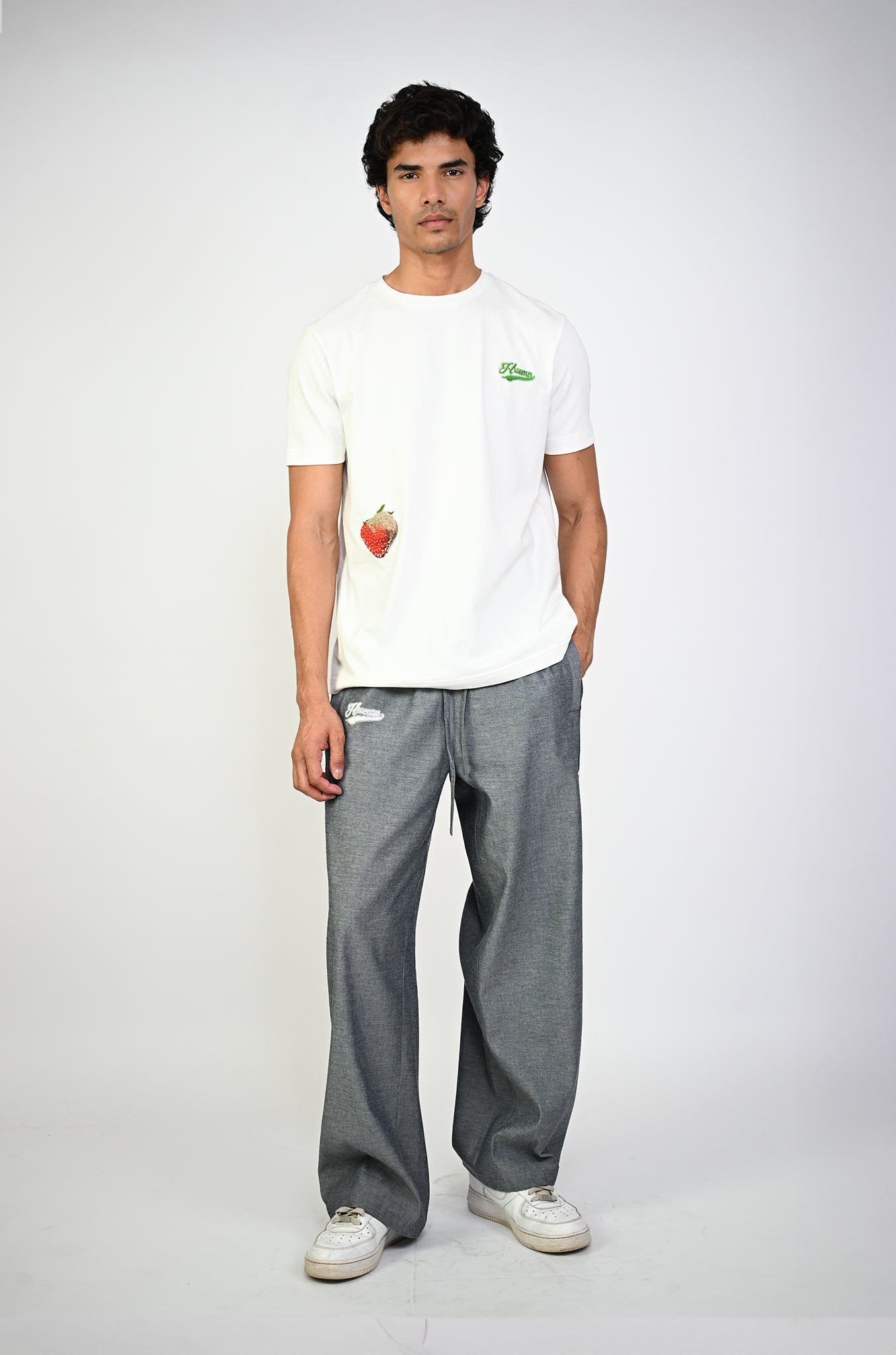 Embroidered denim trackpant with panelled detail (Indigo)