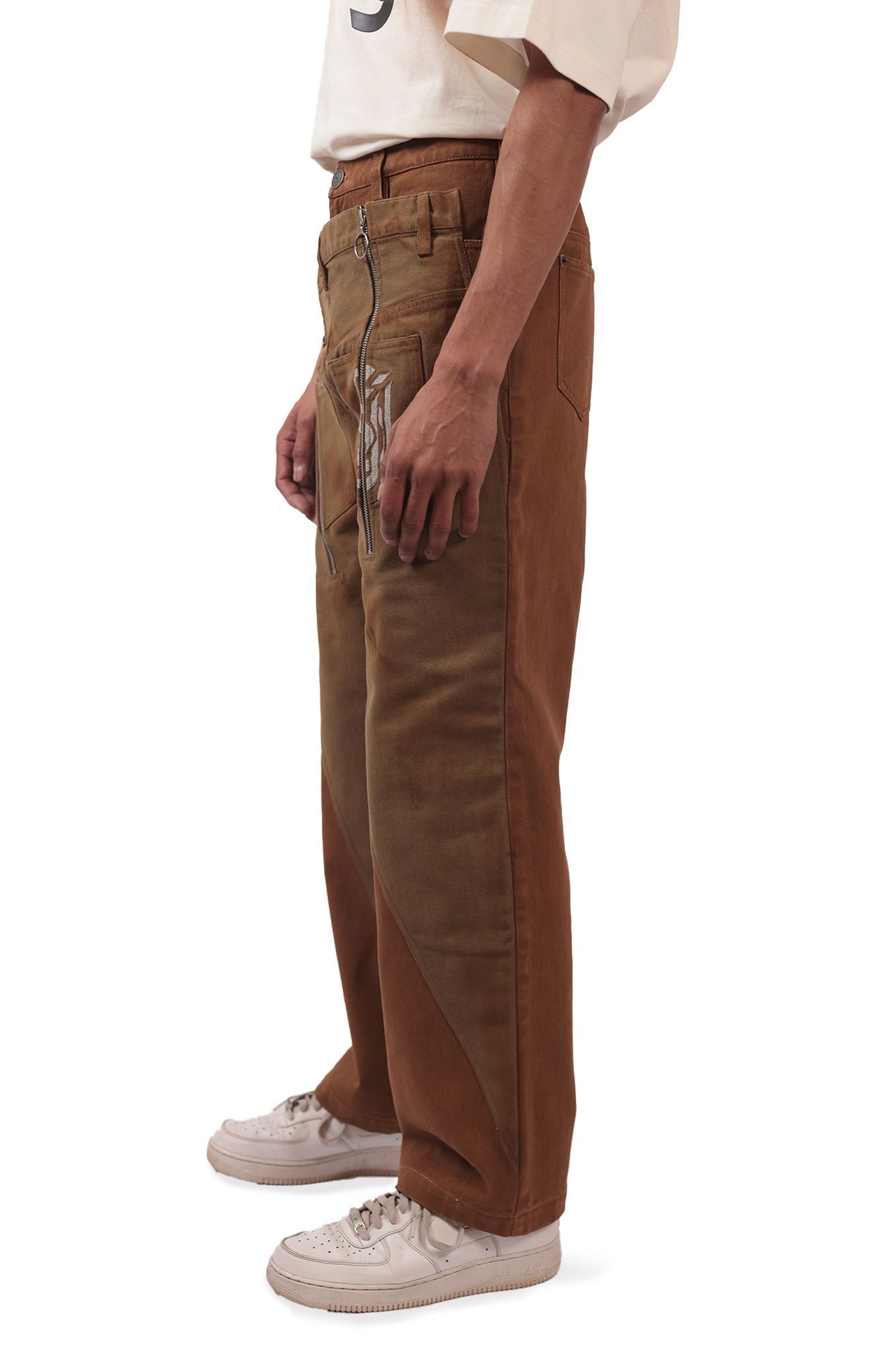 Shreyas Iyer x HUEMN de-constructed denim with a hand-painted mud-washed panel (Brown)