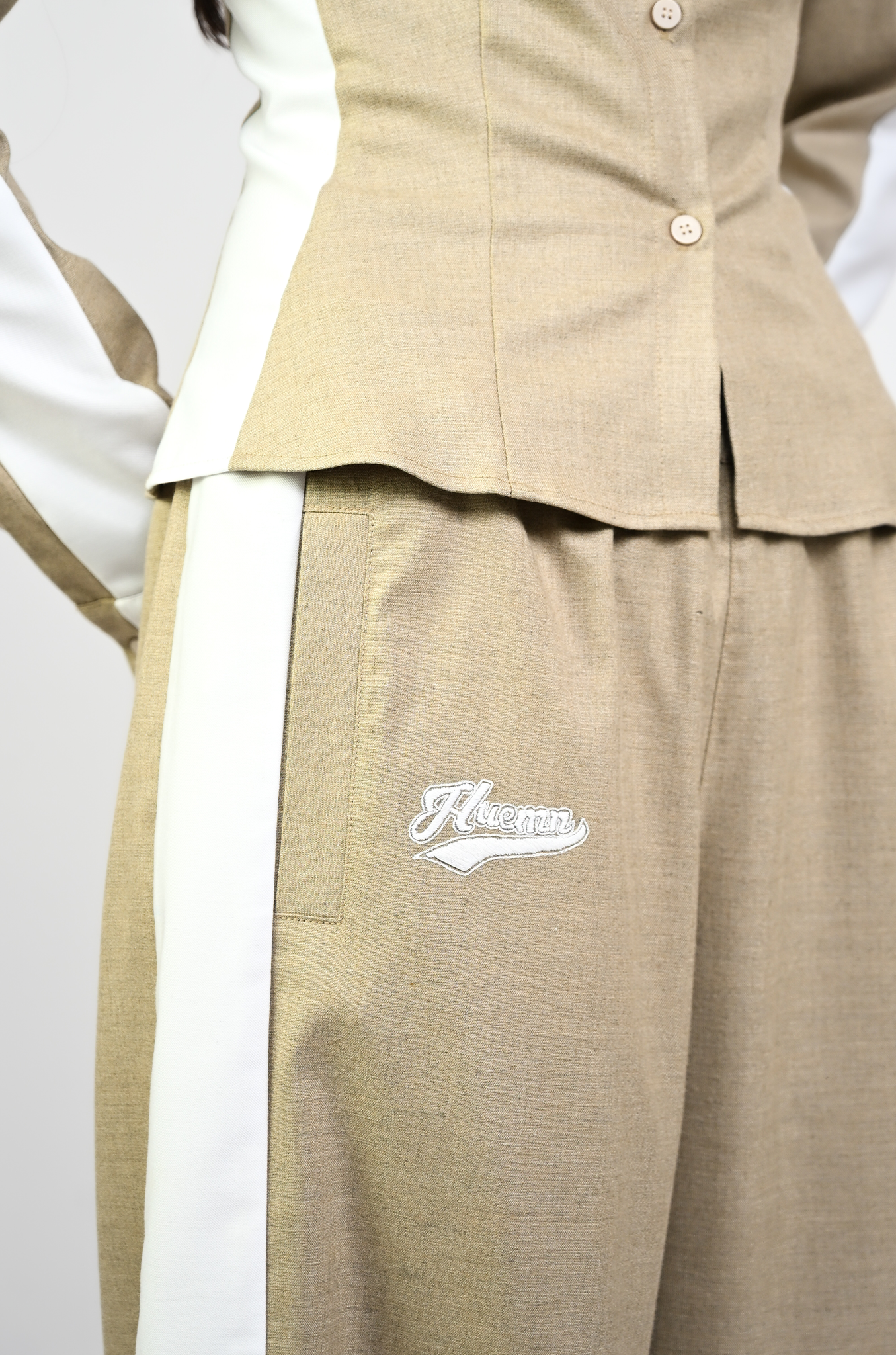 Embroidered trackpant with panelled detail (Beige)