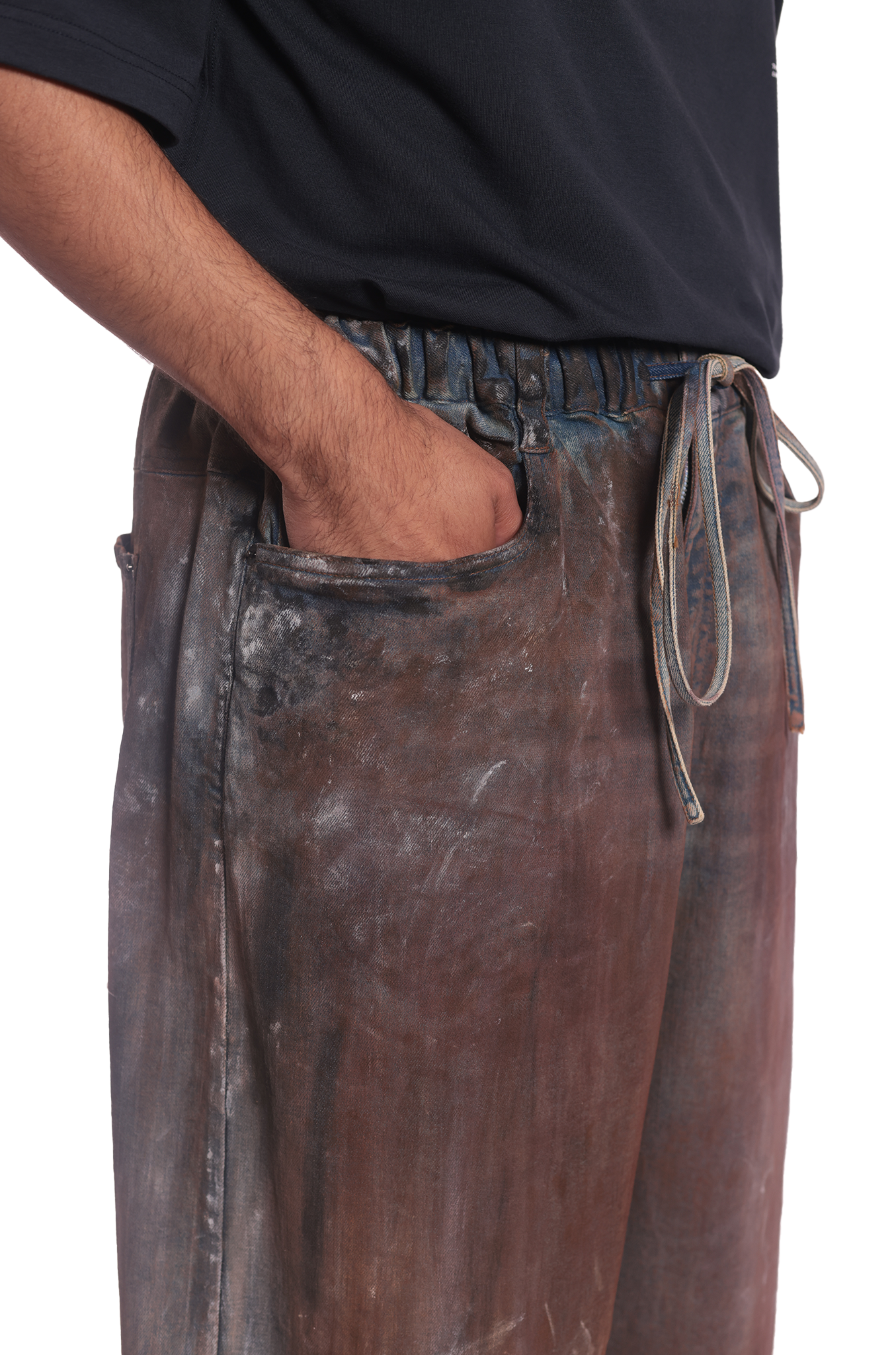 Oversized unisex denim with hand-painted whitewash surface (Indigo)