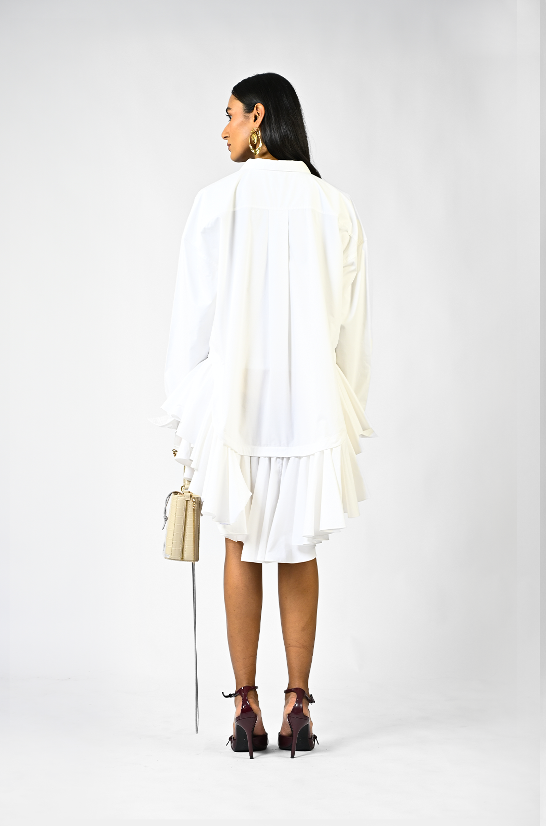 Fanged floral printed ruffle-edged shirt dress