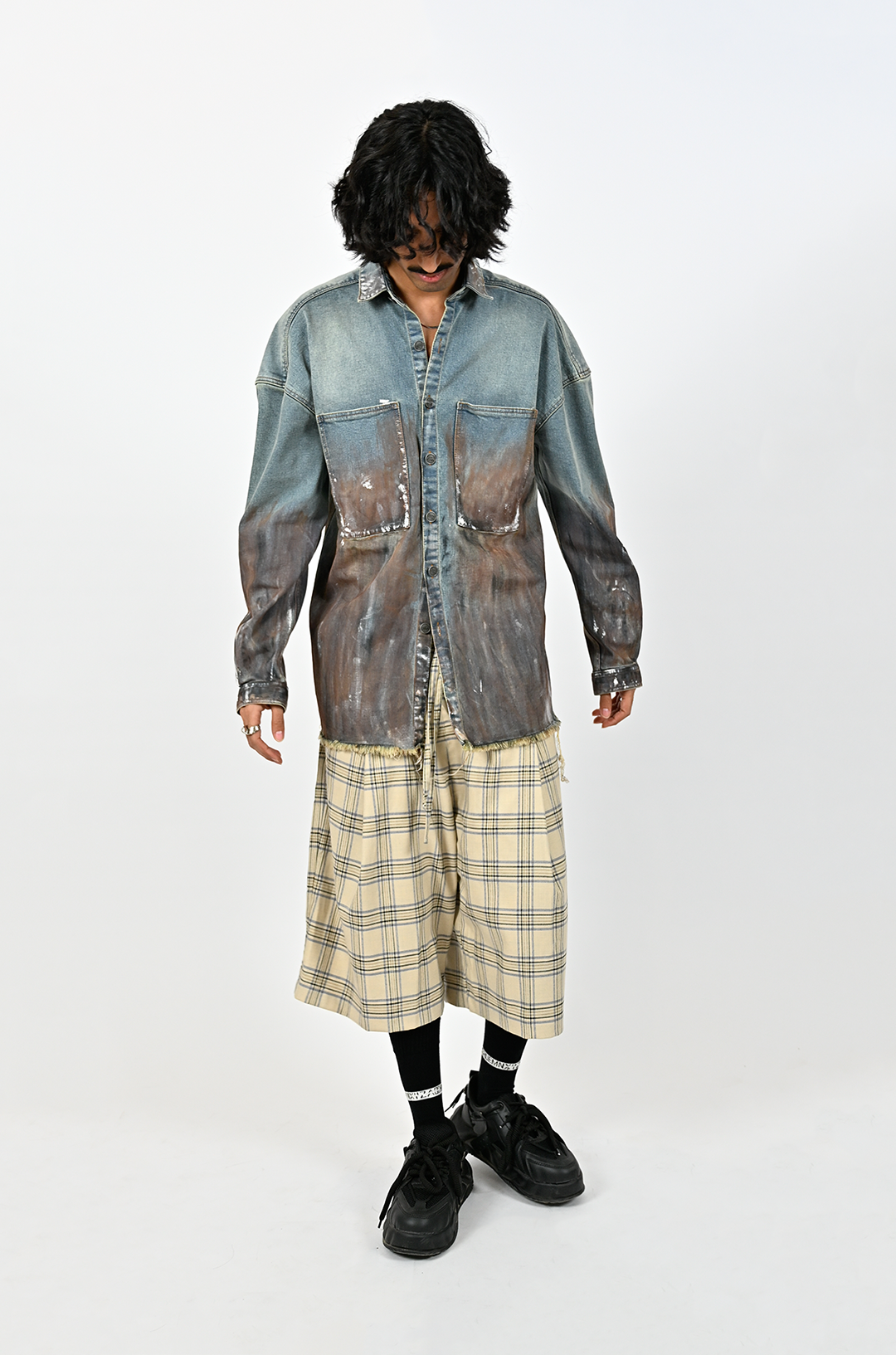 Oversized unisex denim shirt with hand-painted whitewash surface (Indigo)