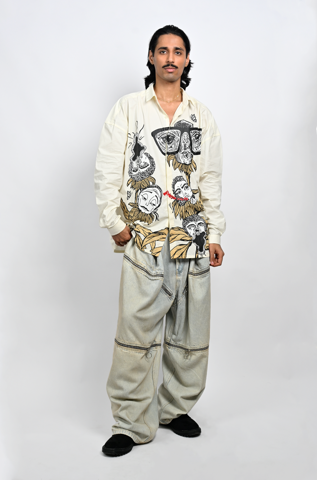 Oversized butter yellow 'faces' shirt