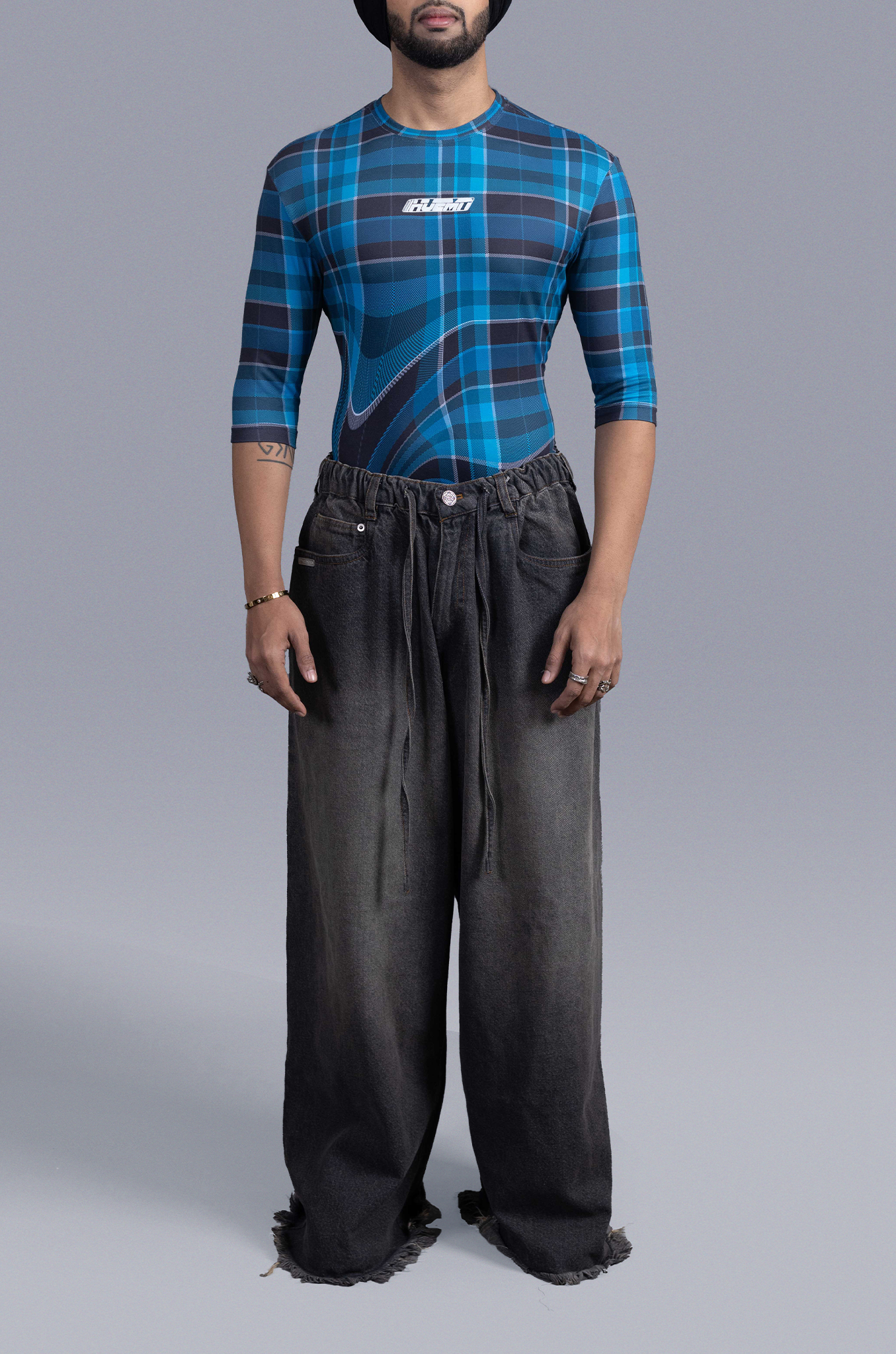 Men's fitted t-shirt in madras checks pattern (Blue)