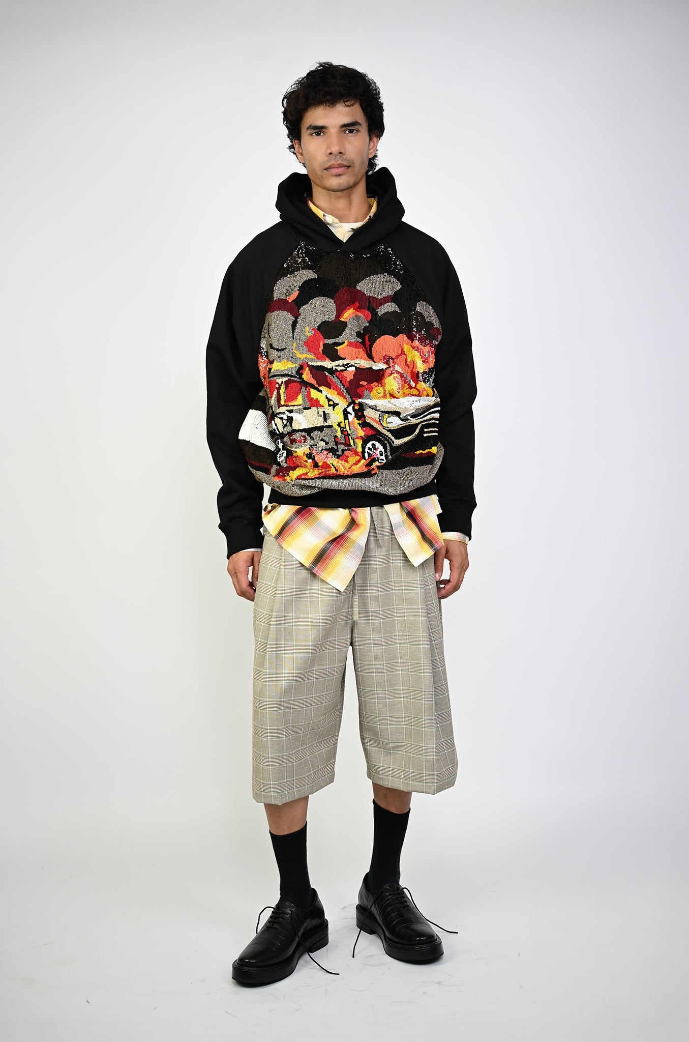 Hand embroidered sequined 'On fire' hoodie (Black)