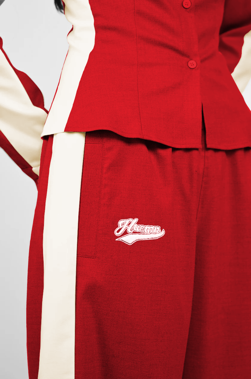 Embroidered trackpant with panelled detail (Red)