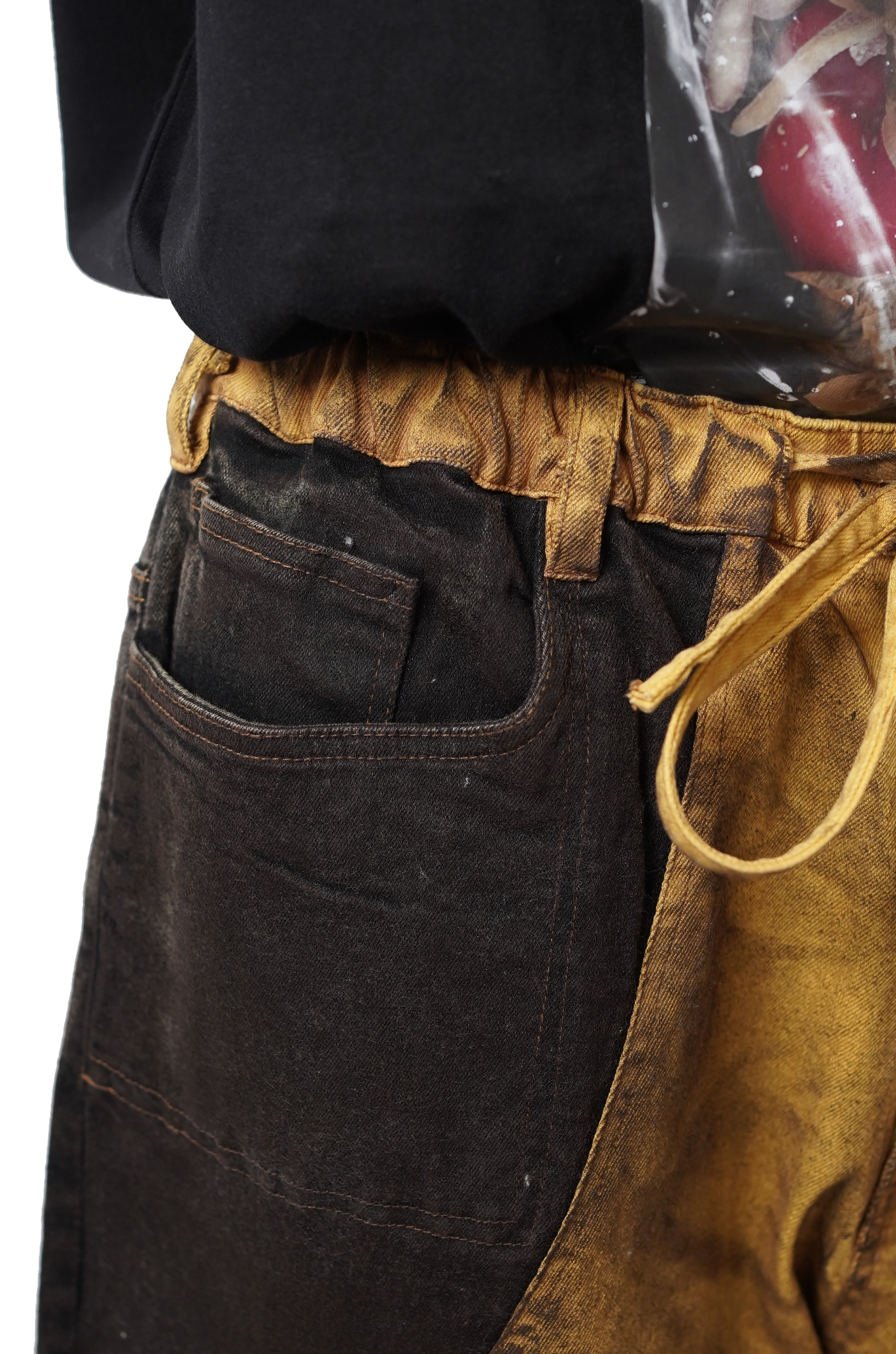 Oversized unisex panelled denim with hand-painted mud washed surface (Copper)