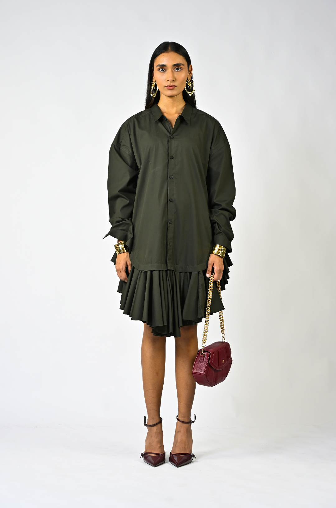 Plain ruffle-edged shirt dress