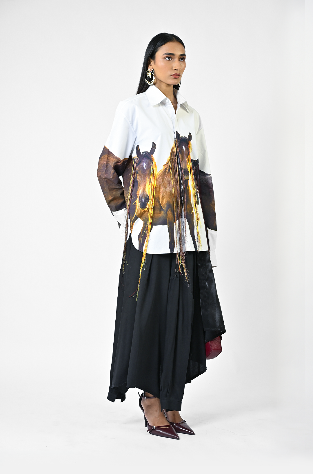 Horse printed cotton shirt with hanging silk threads and synthetic hair