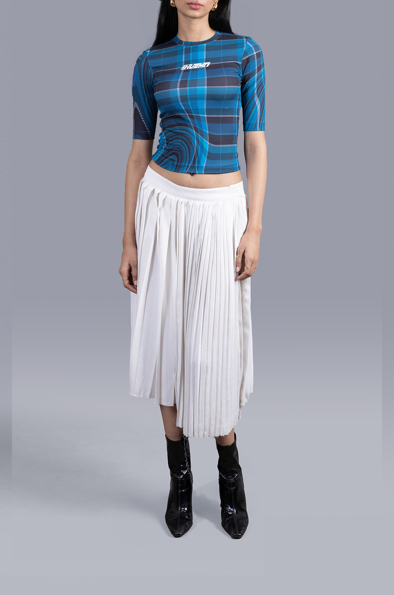 Women's fitted t-shirt in madras checks pattern (Blue)