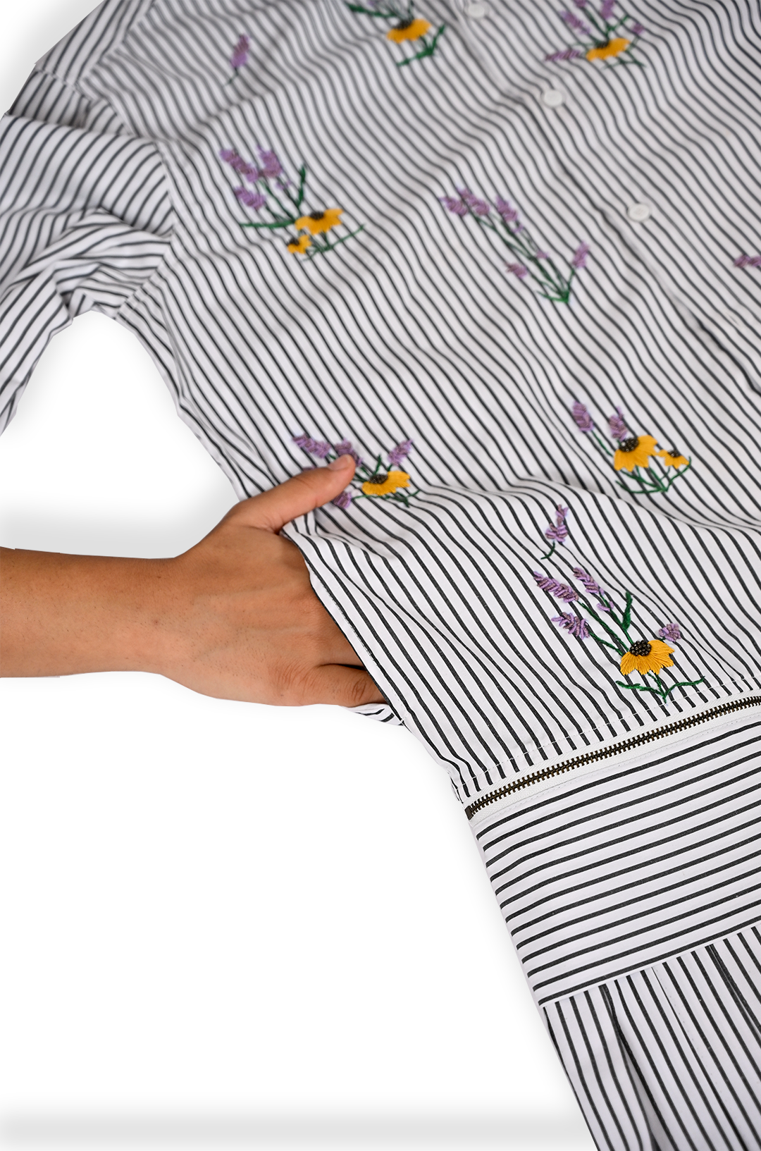 Oversized hand embroidered pinstriped shirt dress with Zipper Detail