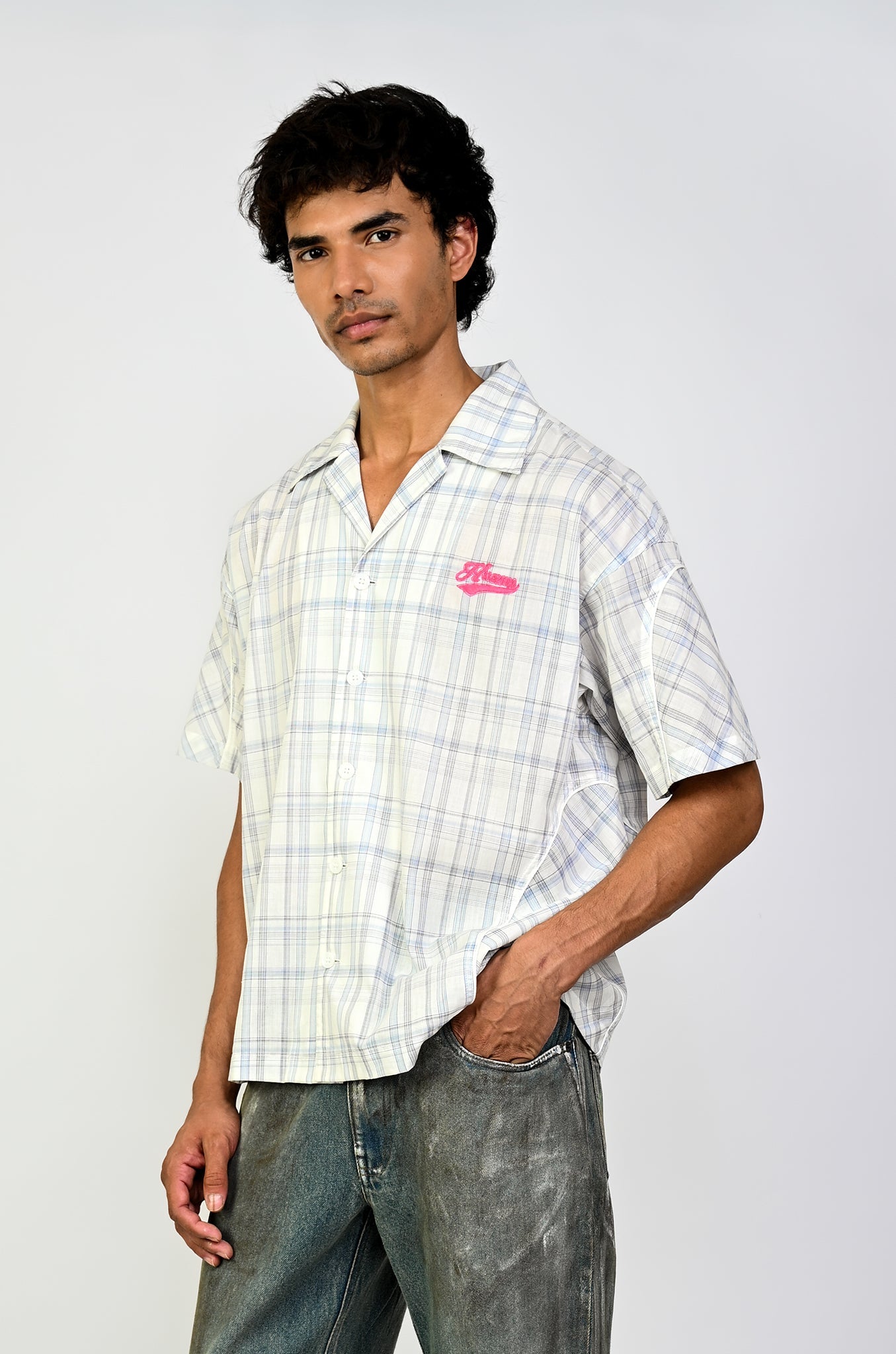 Contrast panelled safari shirt in checkered pattern
