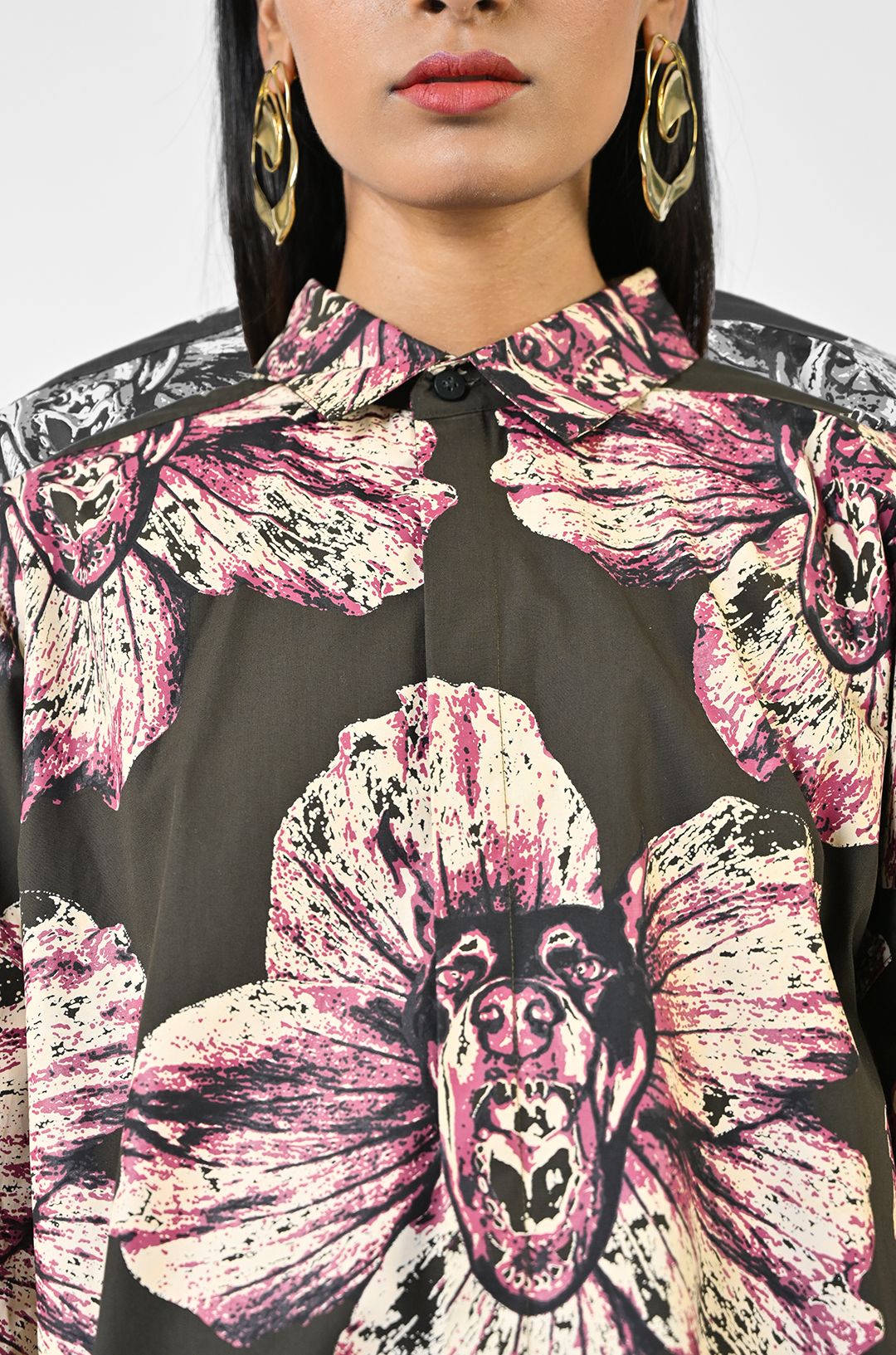 Canine printed oversized cotton shirt - Dark Green