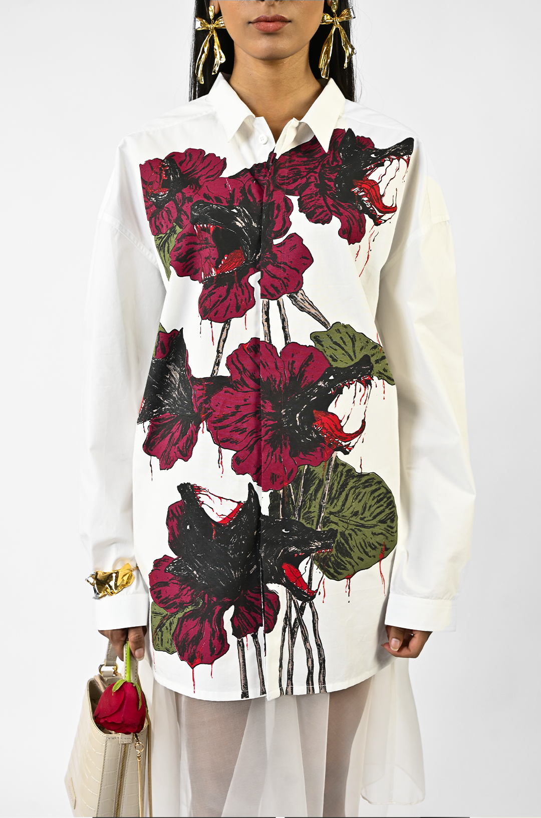 Fanged floral cotton shirt - White