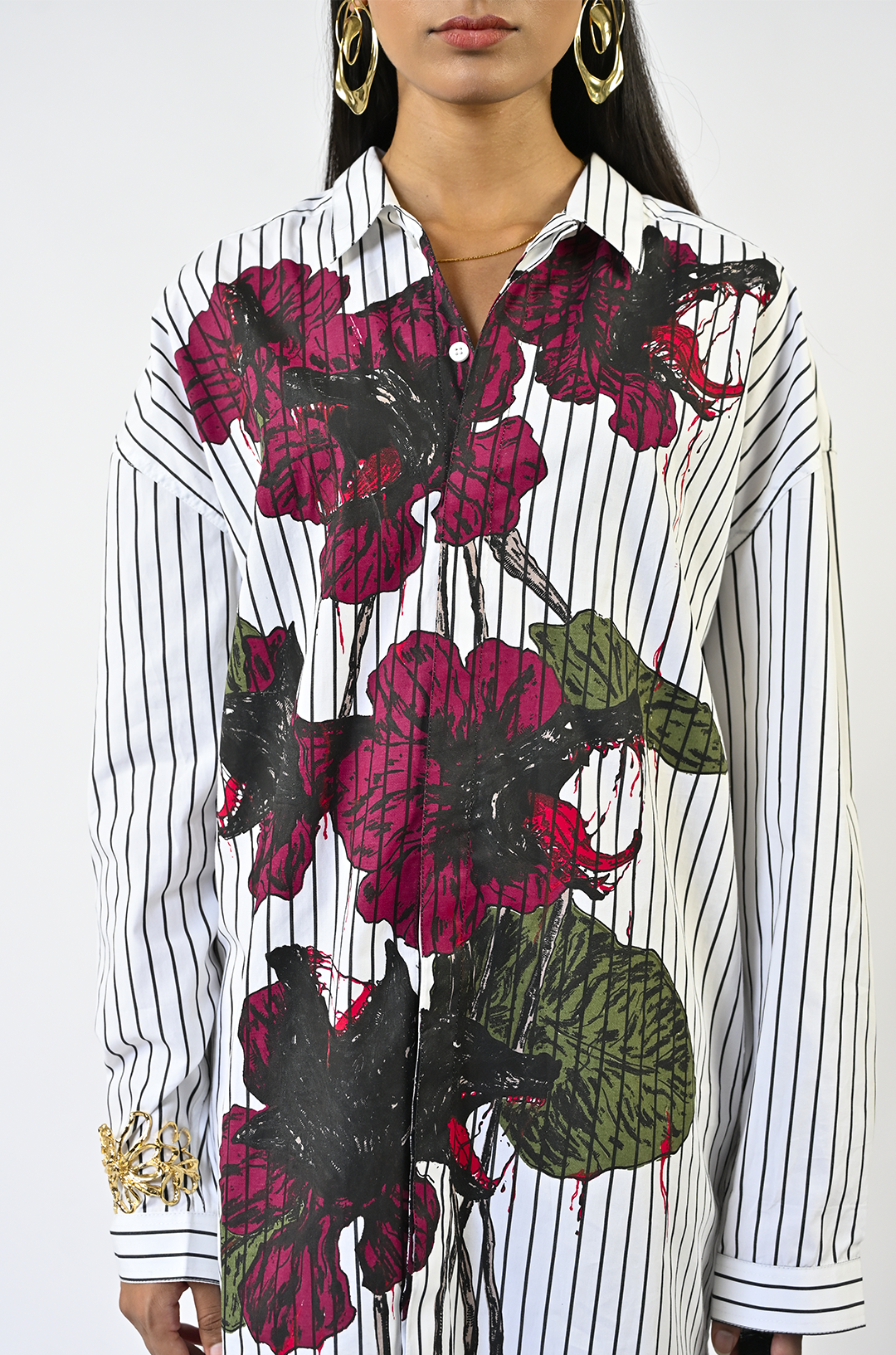 Fanged floral pinstriped cotton shirt