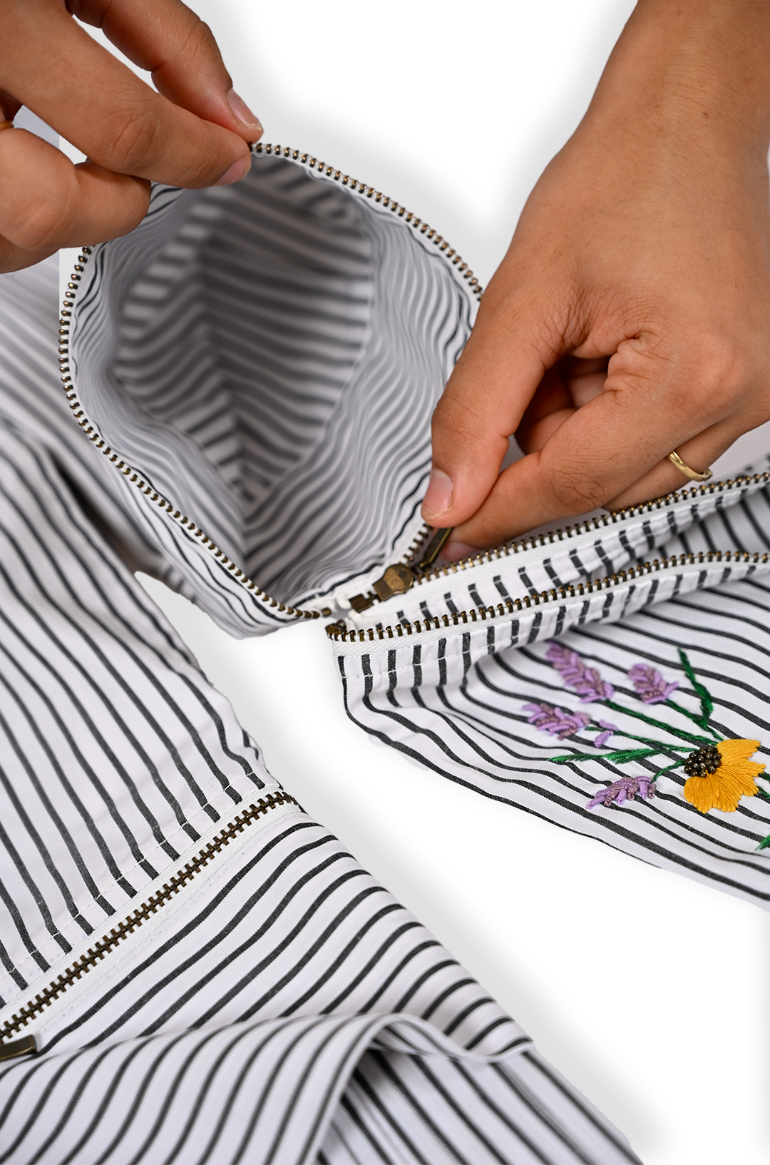 Oversized hand embroidered pinstriped shirt dress with Zipper Detail