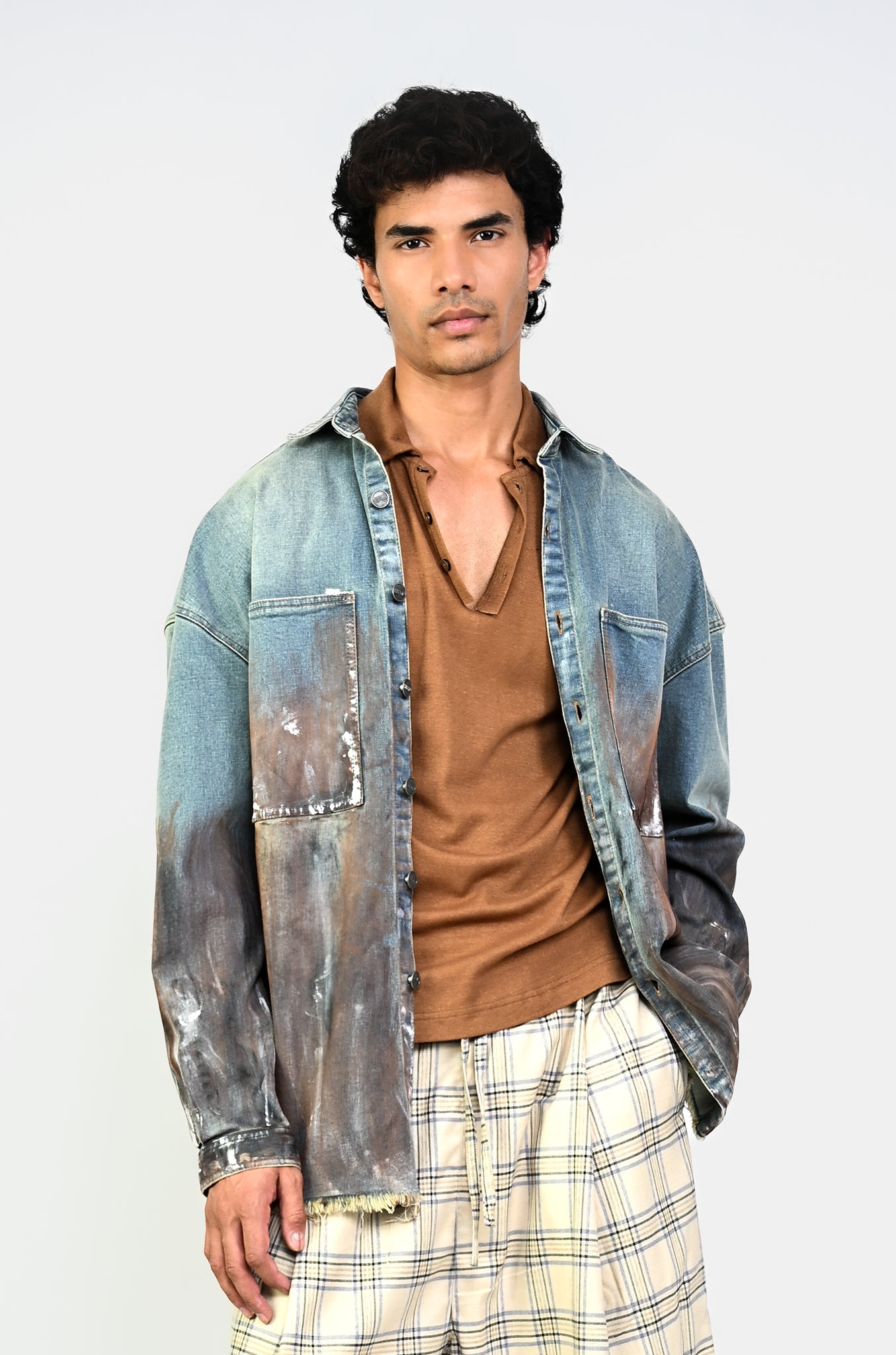 Polo T-shirt with deconstructed detail (Men's)-Brown