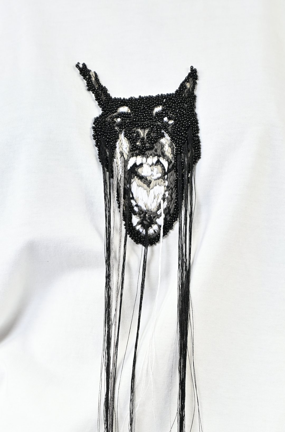 Hand-embroidered canine top with hanging silk threads (Women's) - White