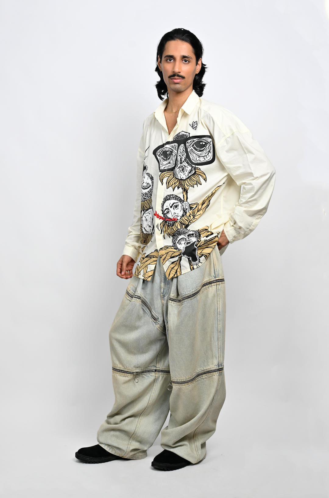 Oversized butter yellow 'faces' shirt