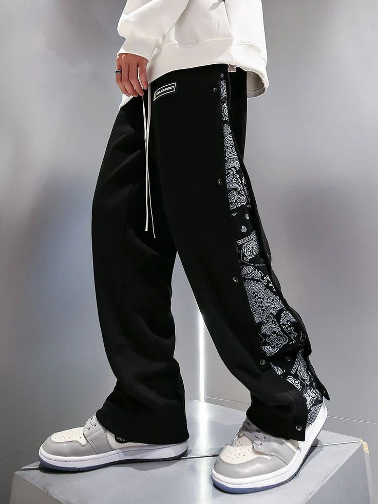 Vintage Wide-Leg Track Pants with Side Bandana Patch – Men's Streetwear Essential - Prime Fitz