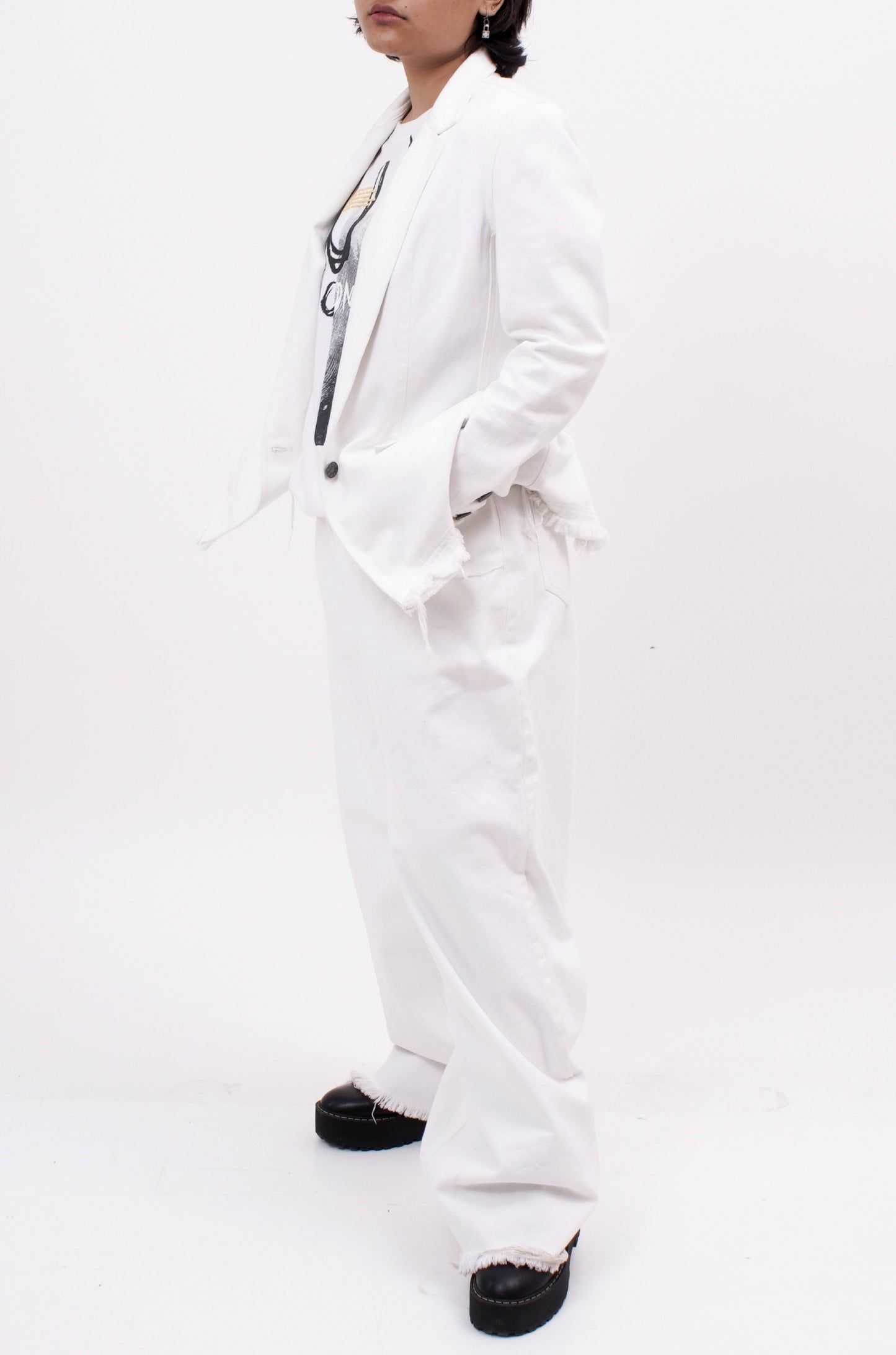 Distressed Denim Blazer (White)