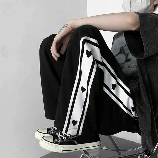 Aesthetic Heart-Print Baggy Track Pants – Unisex Streetwear Essential - Prime Fitz