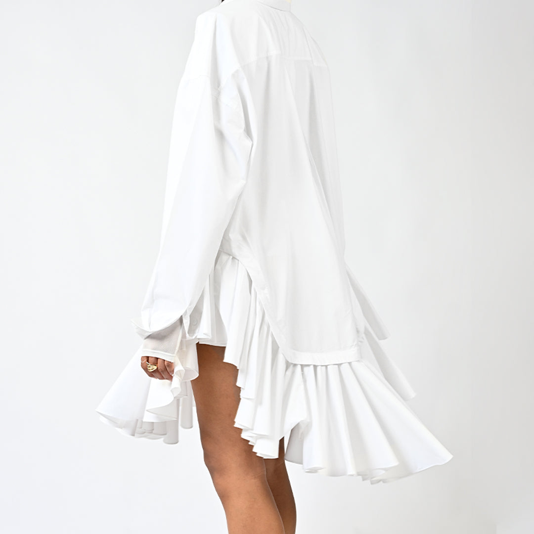 Fanged floral printed ruffle-edged shirt dress