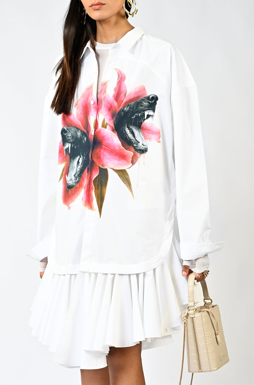 Fanged floral printed ruffle-edged shirt dress