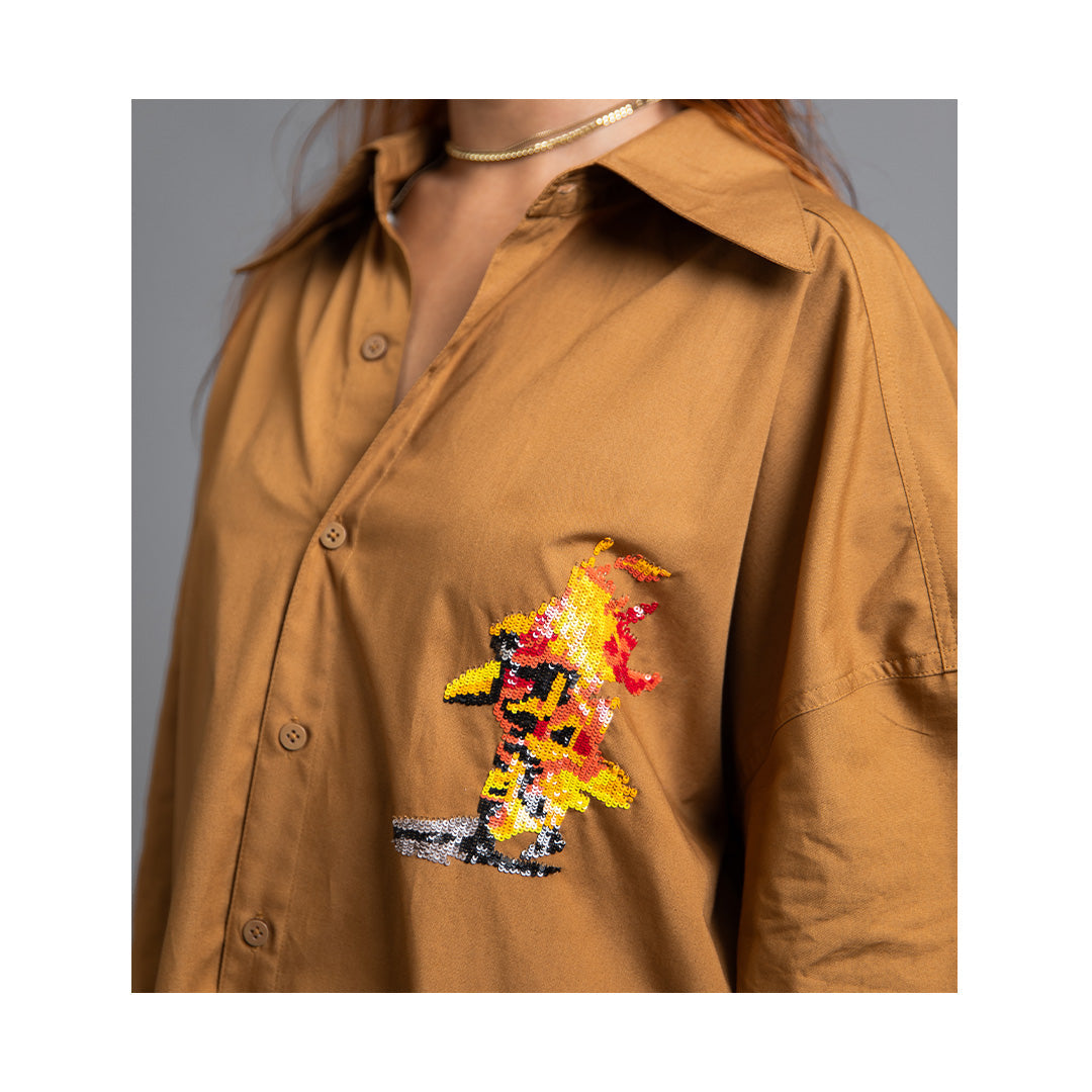 SuperHUEMN 'Sand' Handcrafted 'Burning Man' Darwyn Shirt (Cinnamon Brown)