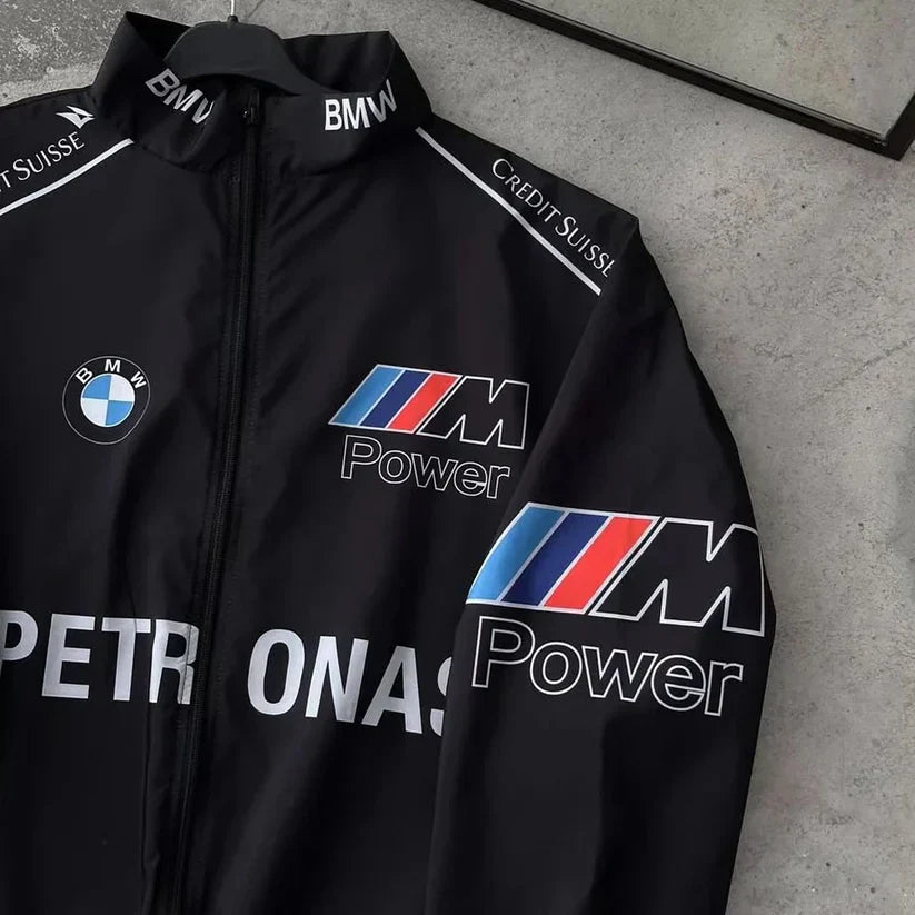 Racing BMW Black Jacket – Bold DTF Print Motorsport Style - Prime Fitz