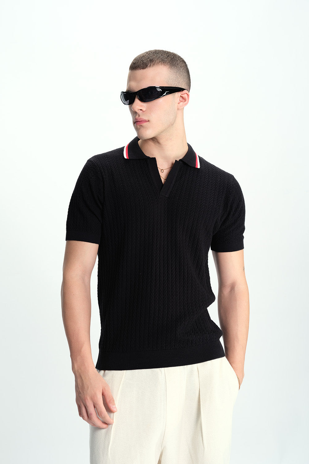 Black Cable Knit Polo
