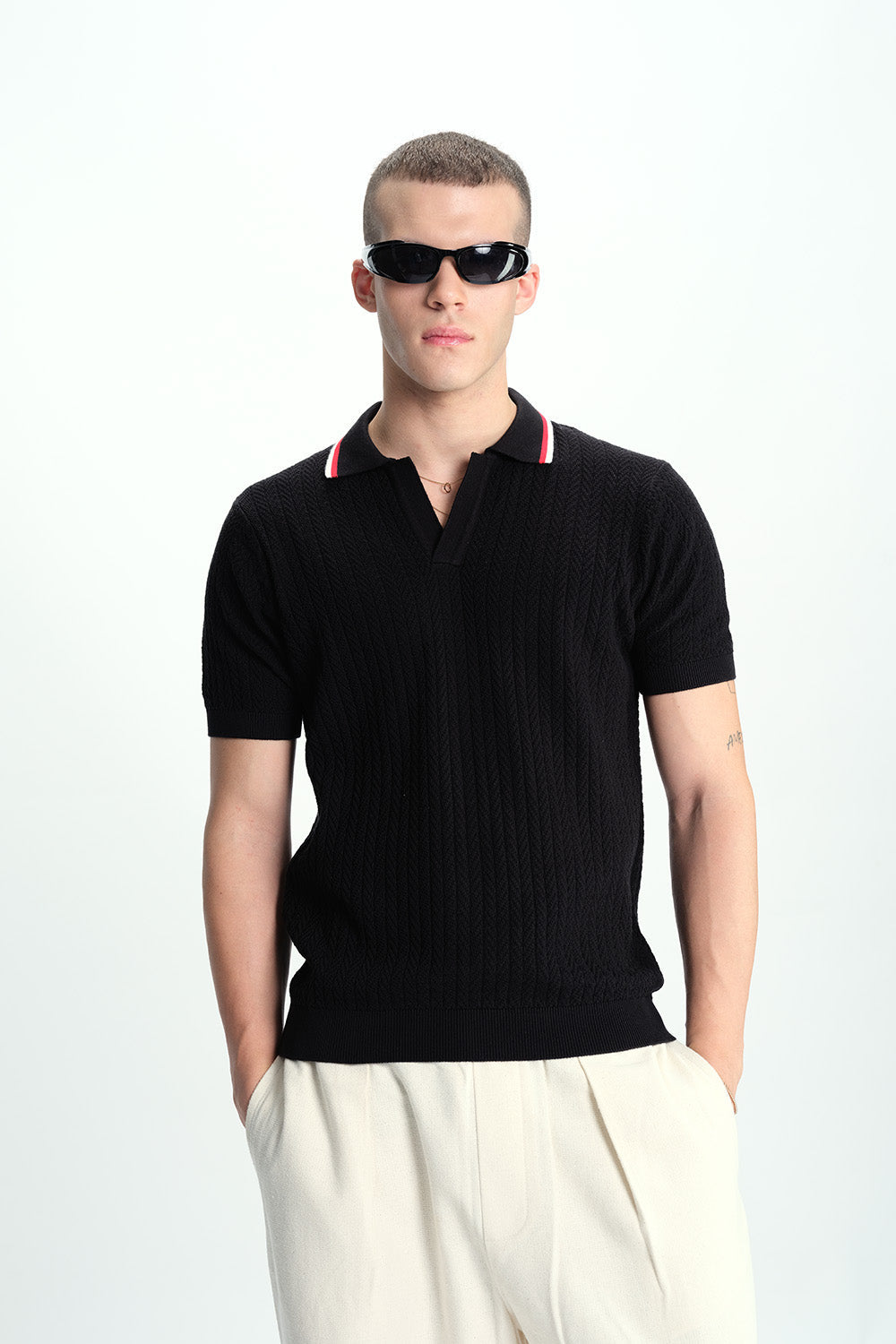 Black Cable Knit Polo
