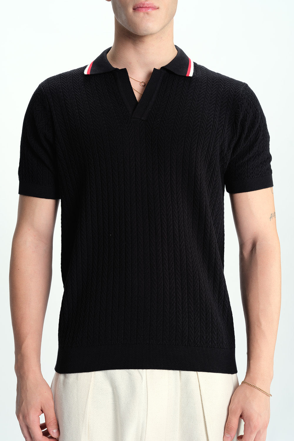 Black Cable Knit Polo