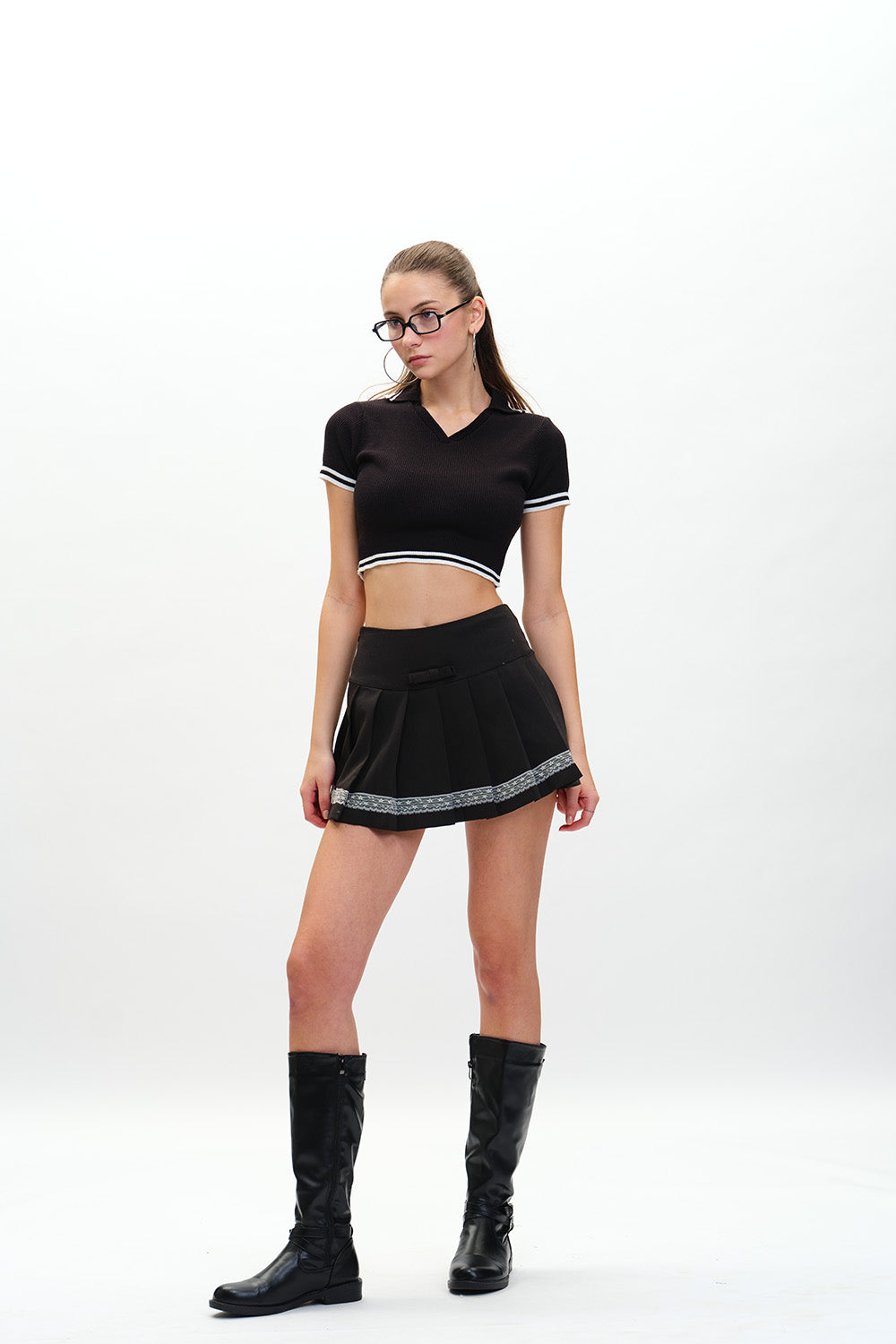 Black Collared Knit Crop Top