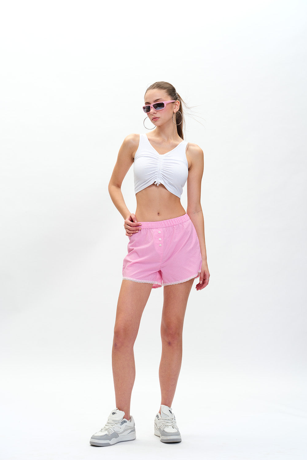 Pink Checkered Lace Trimmed Boxer Shorts