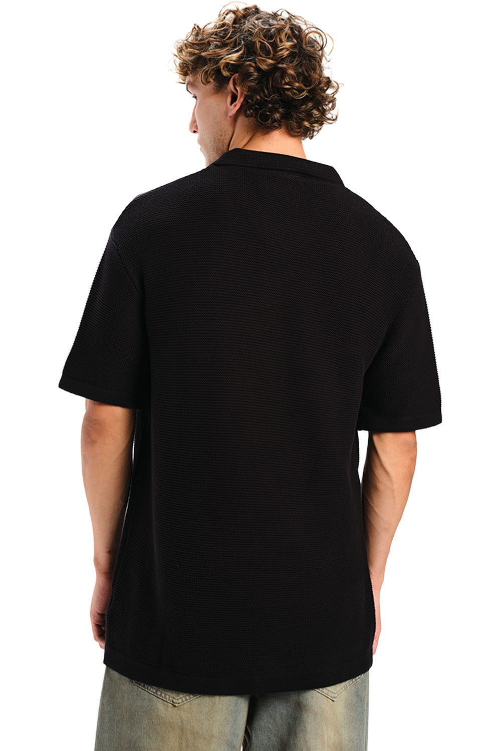 Black Knit Double Textured Polo T-shirt