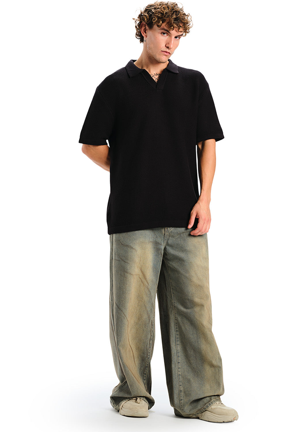 Black Knit Double Textured Polo T-shirt