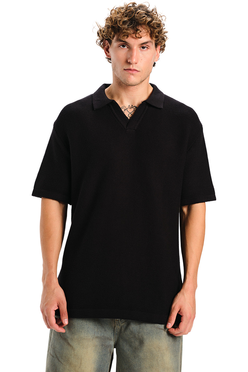 Black Knit Double Textured Polo T-shirt