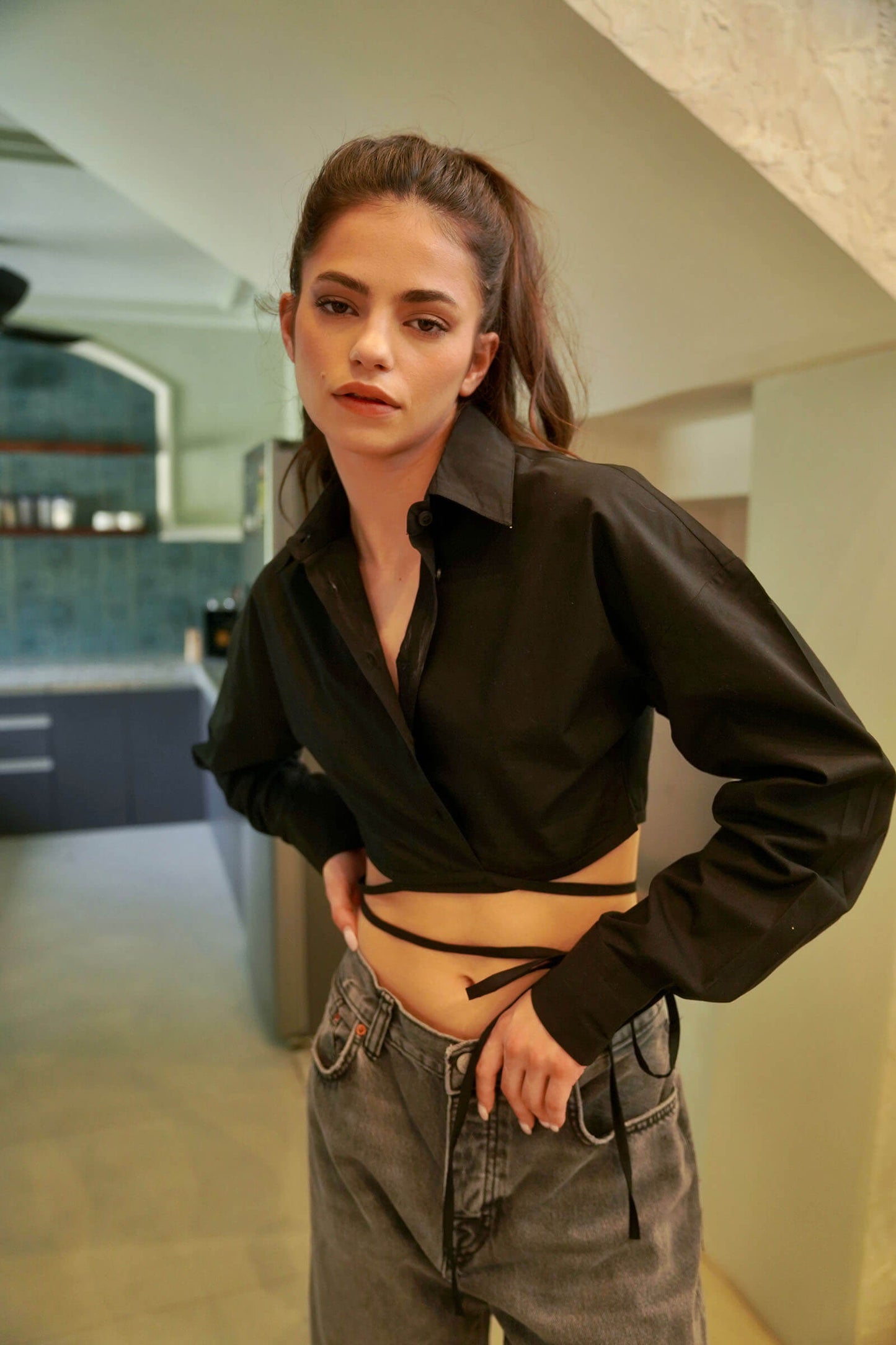 Black Collared Tie Up Shirt