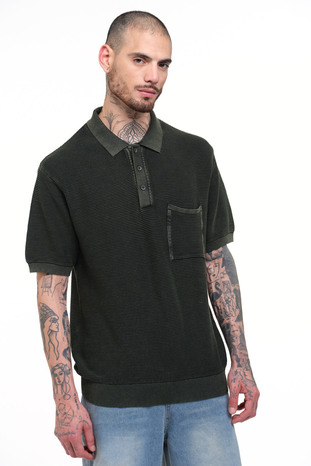 Olive Green Faded Knit Premium Polo