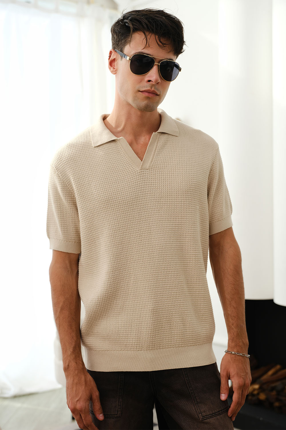 Beige Knit Textured Polo T-shirt