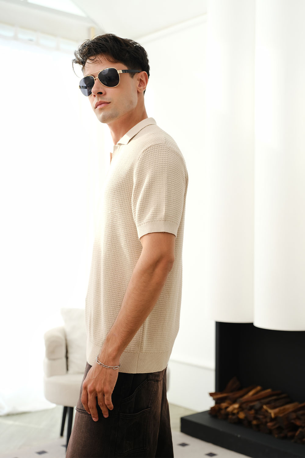 Beige Knit Textured Polo T-shirt