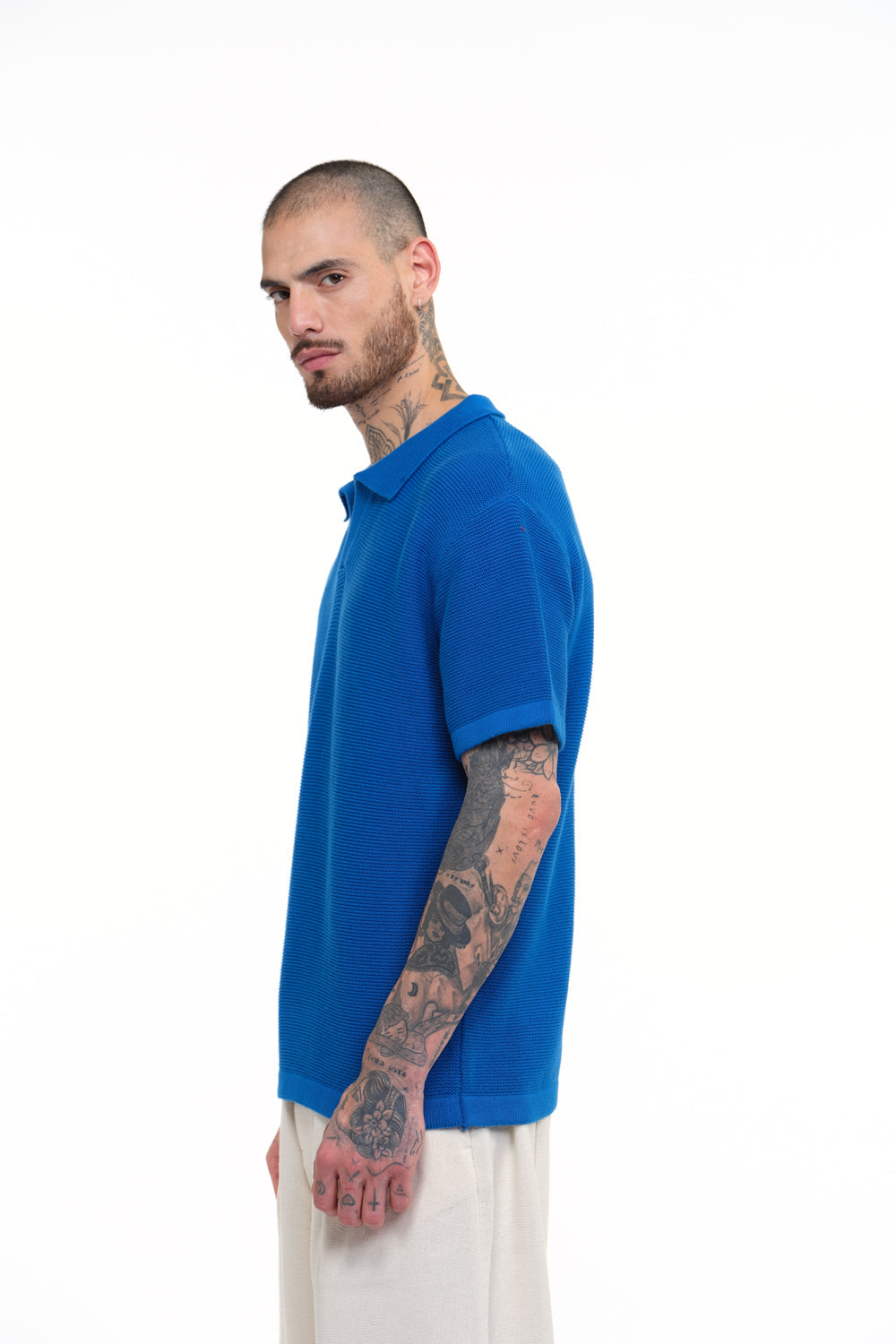Cobalt Blue Knit Textured Polo T-shirt