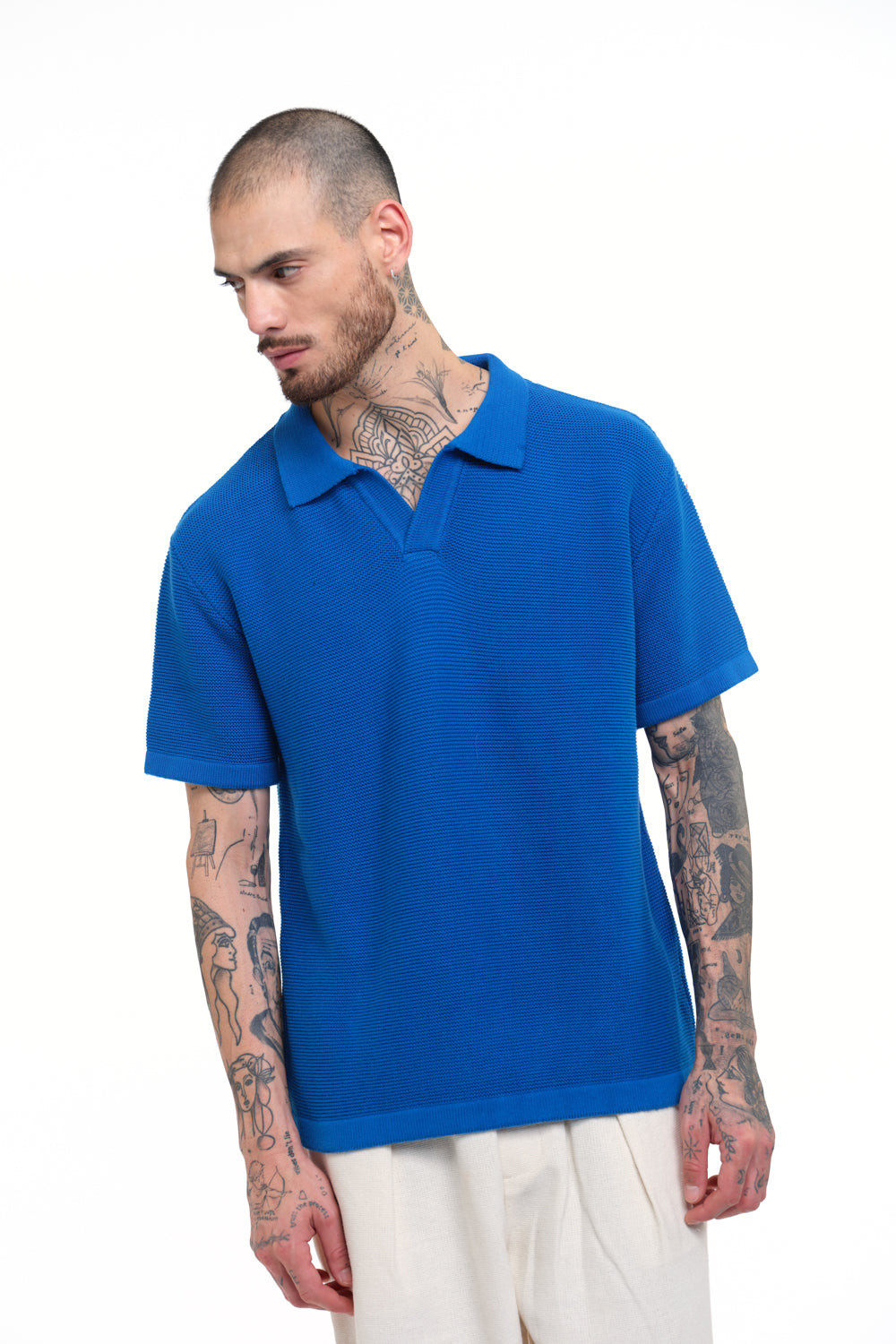 Cobalt Blue Knit Textured Polo T-shirt