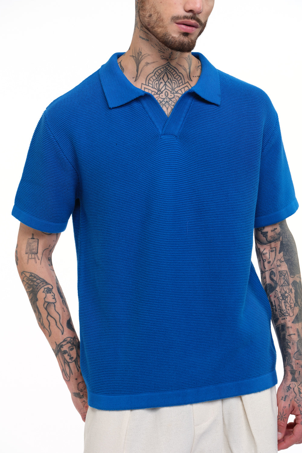 Cobalt Blue Knit Textured Polo T-shirt