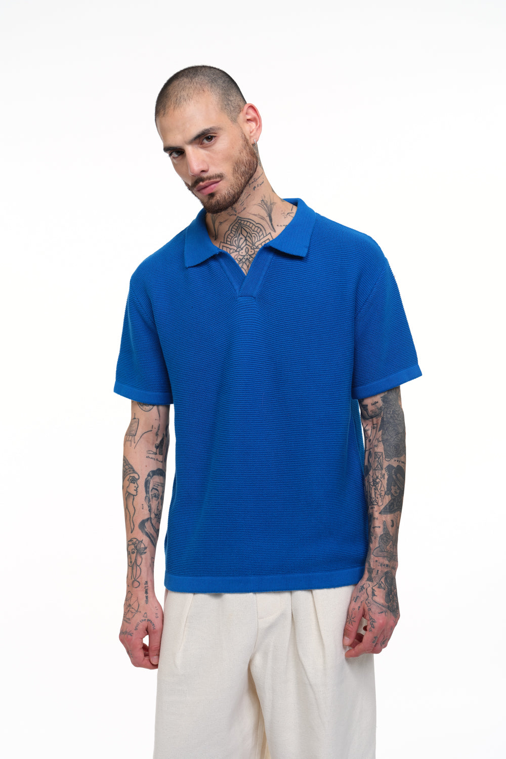Cobalt Blue Knit Textured Polo T-shirt