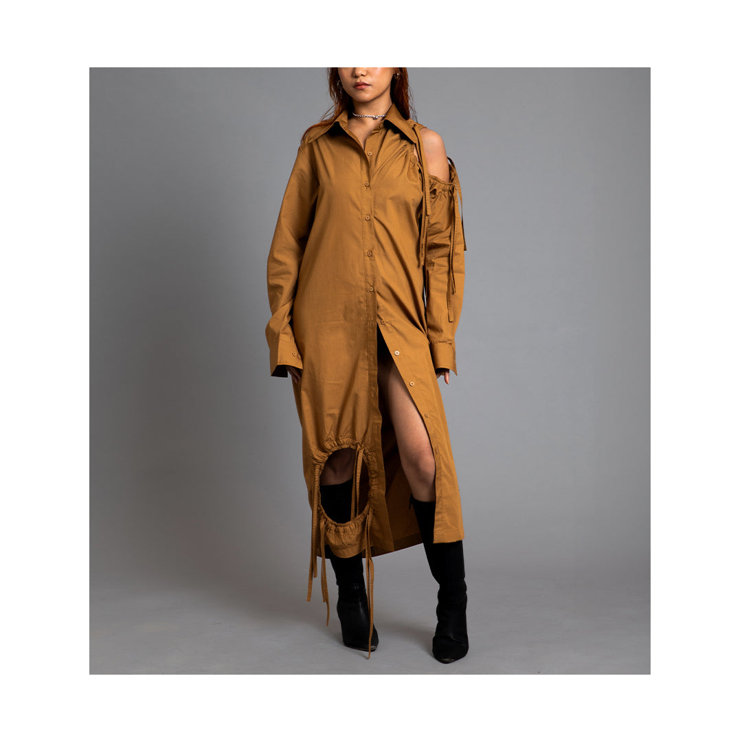 SuperHUEMN 'Sand' Multi - Crater Cutout Detail Shirt Dress (Cinnamon Brown)