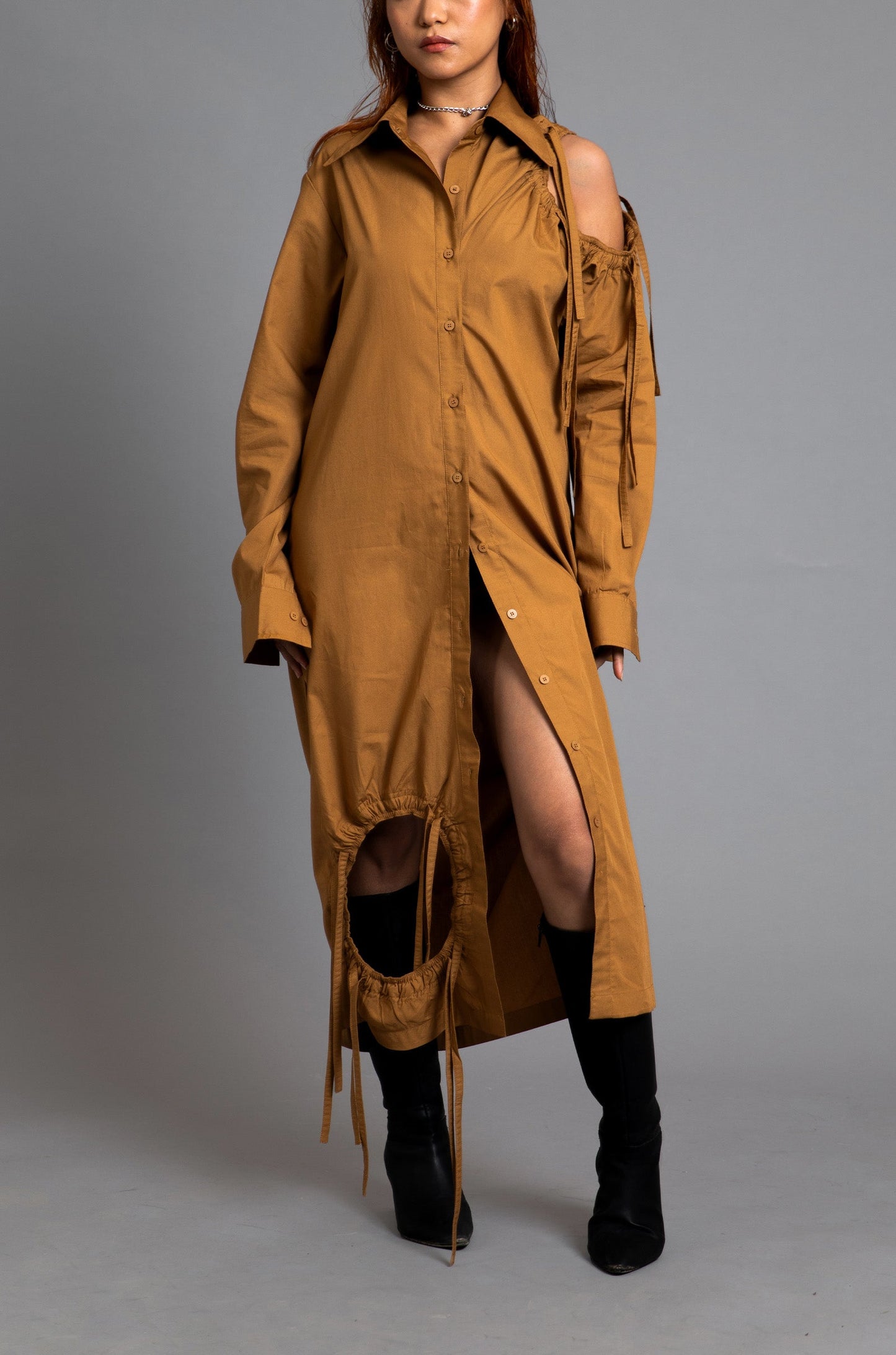 SuperHUEMN 'Sand' Multi - Crater Cutout Detail Shirt Dress (Cinnamon Brown)