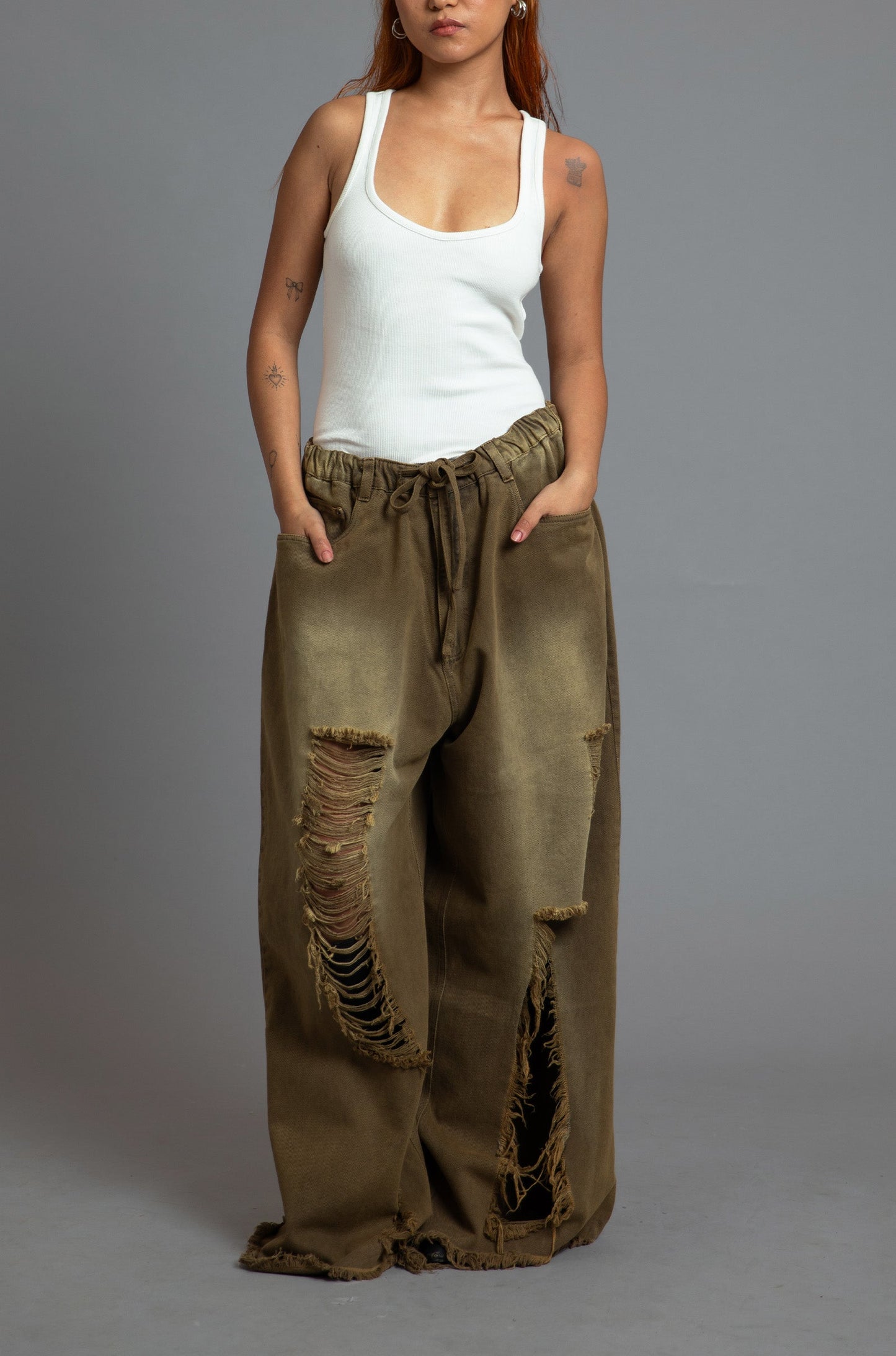 SuperHUEMN 'Sand' Washed Classic Distressed Jeans (Olive Brown)